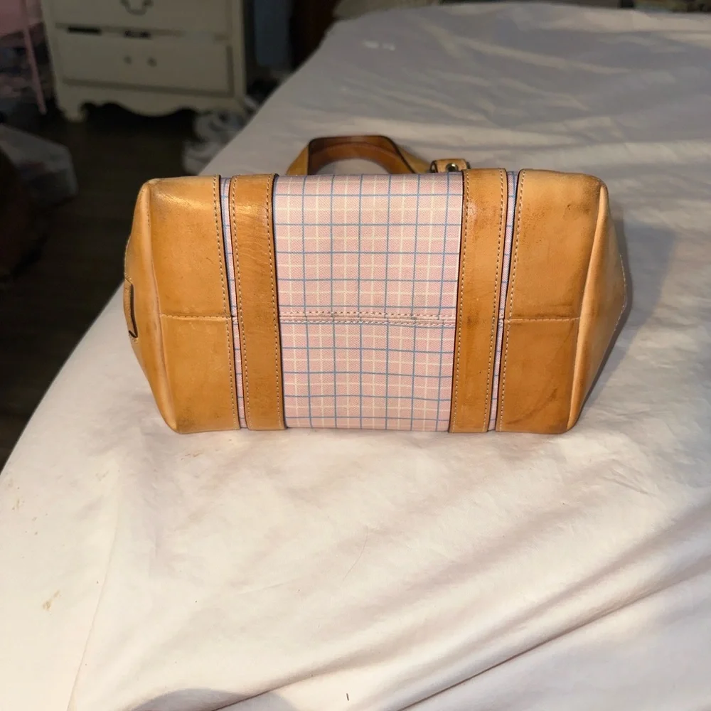 Coach y2k Hampton pink and blue Plaid Tote Bag tan leather trim silver accents - Picture 6 of 13